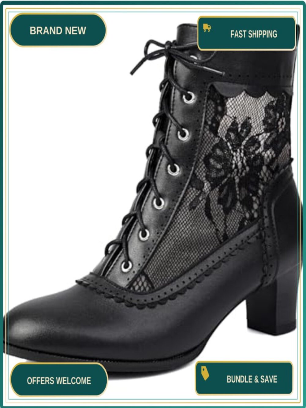 Victorian Lace-Up Ankle Boots Vintage Witch Costume Booties Kitten Heel